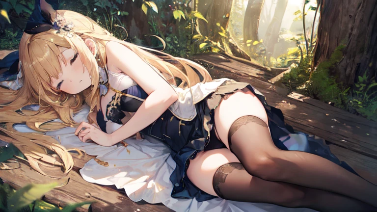 super high quality, Super detailed, Ultra-clear, forest, one person, long blonde hair, sleep, Swimsuit, Clothes with intricate and colorful details, mini skirt, Stockings