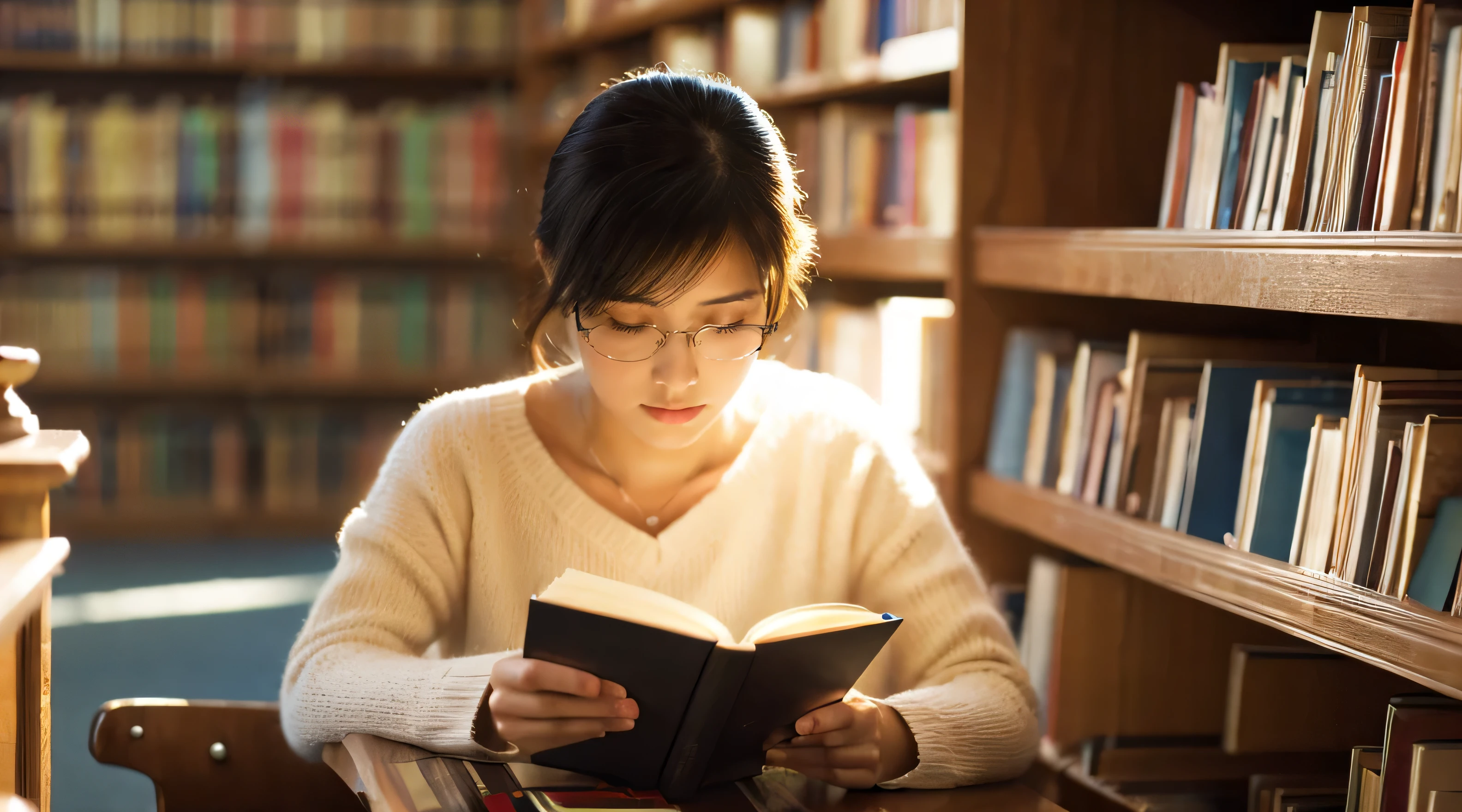 library、Serious woman reading a book、Many books、Gentle light、High resolution、High resolution、
