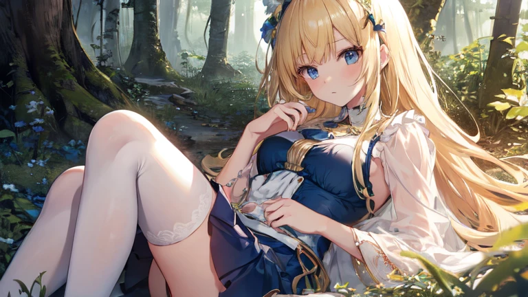 super high quality, Super detailed, Ultra-clear, forest, one person, long blonde hair, sleep, Swimsuit, Clothes with intricate and colorful details, mini skirt, Stockings