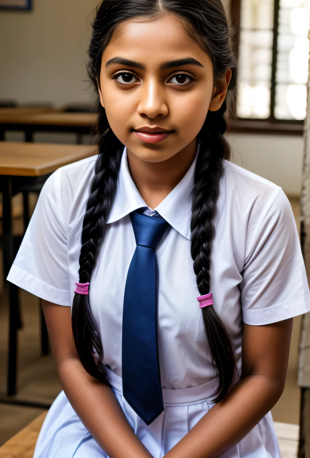 1girl, beautiful detailed eyes, beautiful detailed lips, extremely detailed face, adorable school girl, white frock, colorful tie, white shoes and socks, plait hairstyle, Sri Lankan girl, realistic, photorealistic, high quality, masterpiece, ultra-detailed, sharp focus, vivid colors, natural lighting