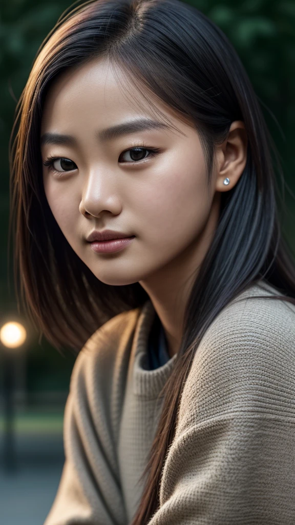 A hansohee sitting on a bench in the park, night lights, city Lights, Moonlight, Night4k, Fujifilm XT3, 8k, maximum result, photographed on a Kodak, award-winning photography, (ultra realistic:1.5), (Best Quality:1.5), photorealistic, detailed skin texture, masterpiece, (photorealistic:1.4), raw photo,  perfect shading, Realism, Photography,Detailed facial texture, detailed lip texture, ear detail, Eye Detail,  depth of field,