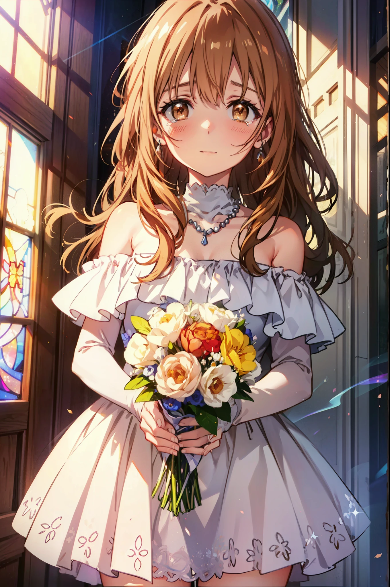 a sun ayuuki, a sun a yuuki, Long Hair, Brown Hair, (Brown eyes:1.8),smile,blush,Off-the-shoulder wedding dresses,necklace,Wedding Skirts,Holding a bouquet in both hands,Clear skies,Tears stream down her face,Tears of joy,I cry a lot,Flower storm,whole bodyがイラストに入るように,background(Stained glass)
break indoors, Chapel,教会
break looking at viewer, whole body,(Cowboy Shot:1.5),
break (masterpiece:1.2), Highest quality, High resolution, unity 8k wallpaper, (figure:0.8), (Beautiful attention to detail:1.6), Highly detailed face, Perfect lighting, Highly detailed CG, (Perfect hands, Perfect Anatomy),