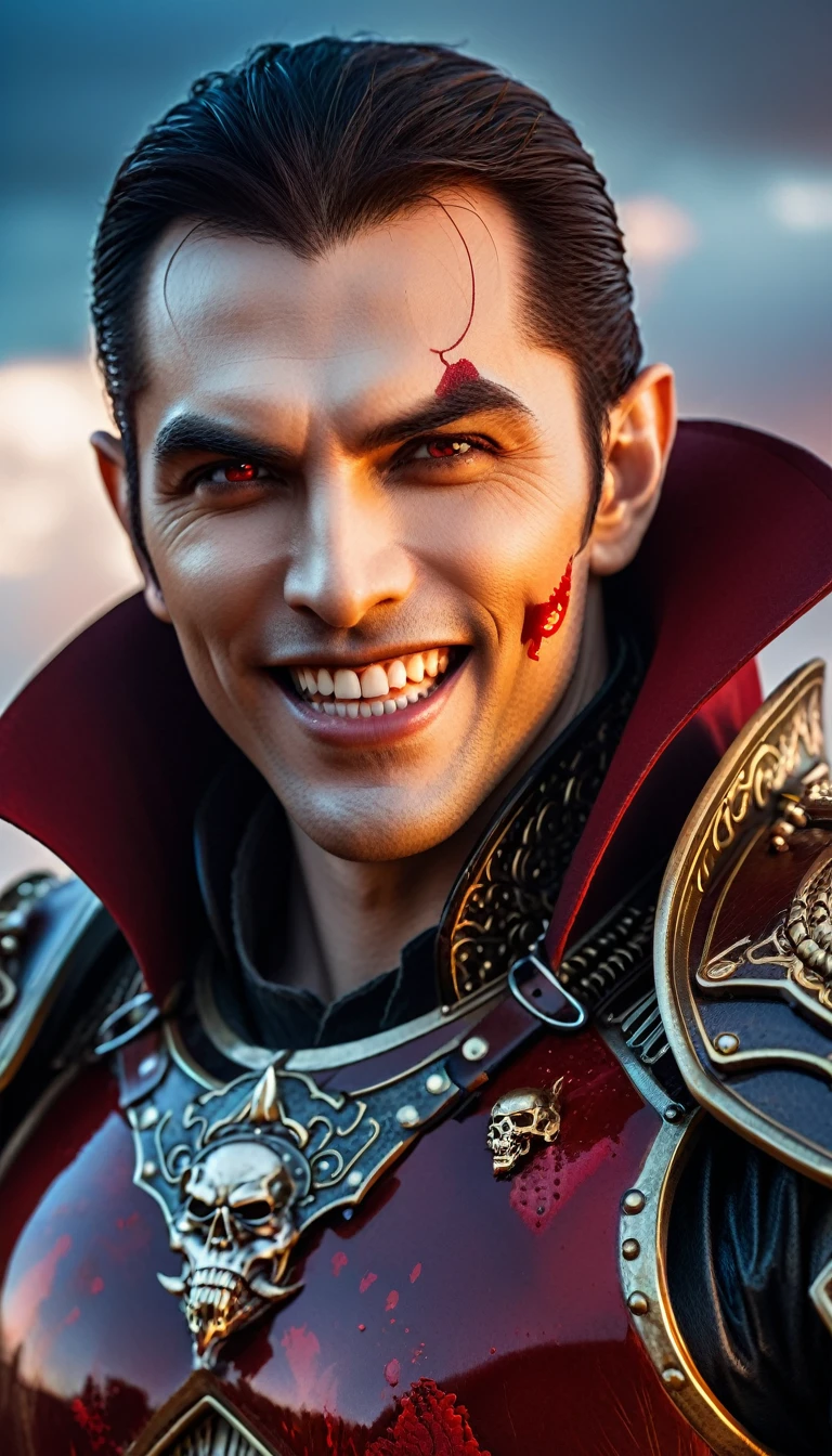 Close-up of a ((extremely handsome vampire warior)) , half human, half beast. Their eyes are filled with hapiness and longing. The background is a trail of blood and violence. He wears a mechanized robot armor, carved with animal elements, human skulls. The sky is filled with swirling, fiery clouds. The photo conveys a strong sense of the warrior's appearance, ((smiling))