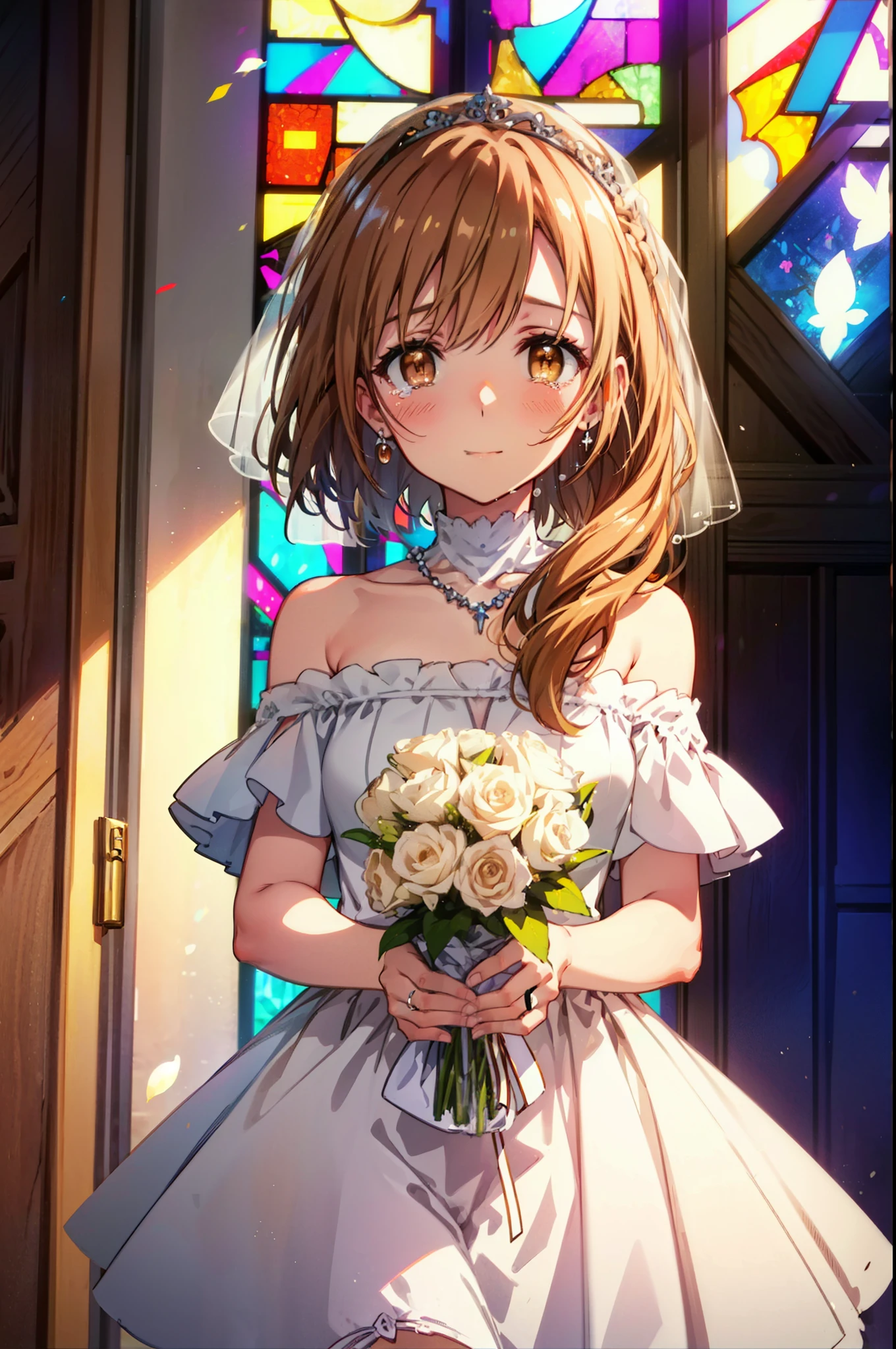 a sun ayuuki, a sun a yuuki, Long Hair, Brown Hair, (Brown eyes:1.8),smile,blush,Off-the-shoulder wedding dresses,necklace,Wedding Skirts,Holding a bouquet in both hands,Clear skies,Tears stream down her face,Tears of joy,I cry a lot,Flower storm,whole bodyがイラストに入るように,background(Stained glass)
break indoors, Chapel,教会
break looking at viewer, whole body,(Cowboy Shot:1.5),
break (masterpiece:1.2), Highest quality, High resolution, unity 8k wallpaper, (figure:0.8), (Beautiful attention to detail:1.6), Highly detailed face, Perfect lighting, Highly detailed CG, (Perfect hands, Perfect Anatomy),