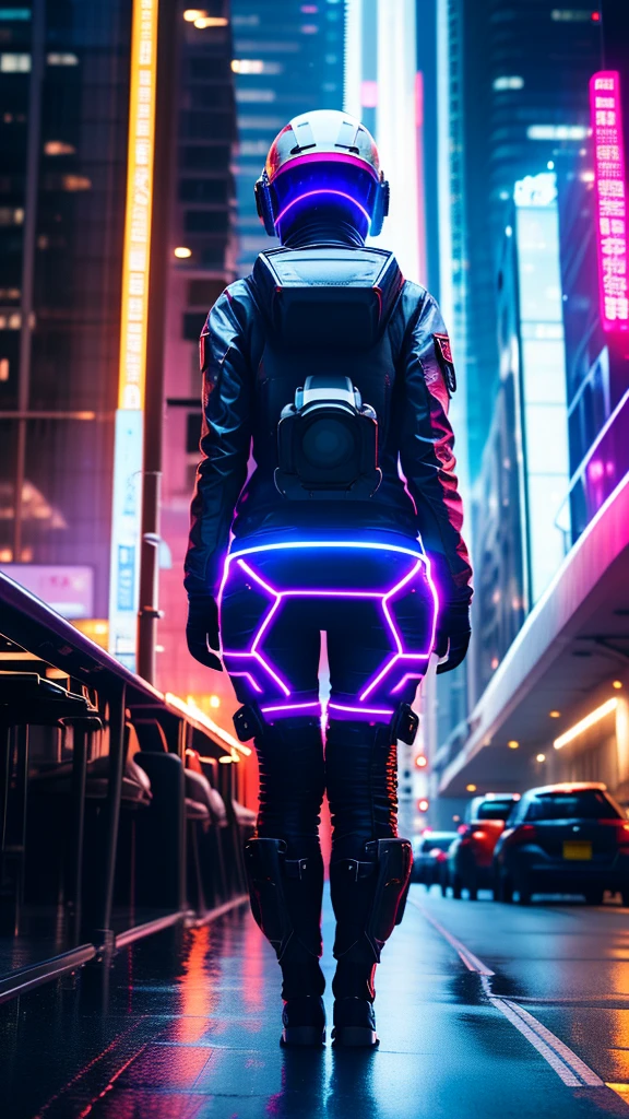 (good structure),high dynamic range,ultra high definition,8k,1 girl,building,cyberpunk protective clothing,City,cyberpunk gas mask,cyberpunk protective helmet,A luminescent helmet,neon lights,neon color,City lights,Cityscape,Glowing clothing,night,Many luminescent lines throughout the body,above knee,back camera,Upper body,Turn your back to the camera,cyberpunk,luminescent,Mecha,neon lights,actual,Science fiction,skyscraper,alone