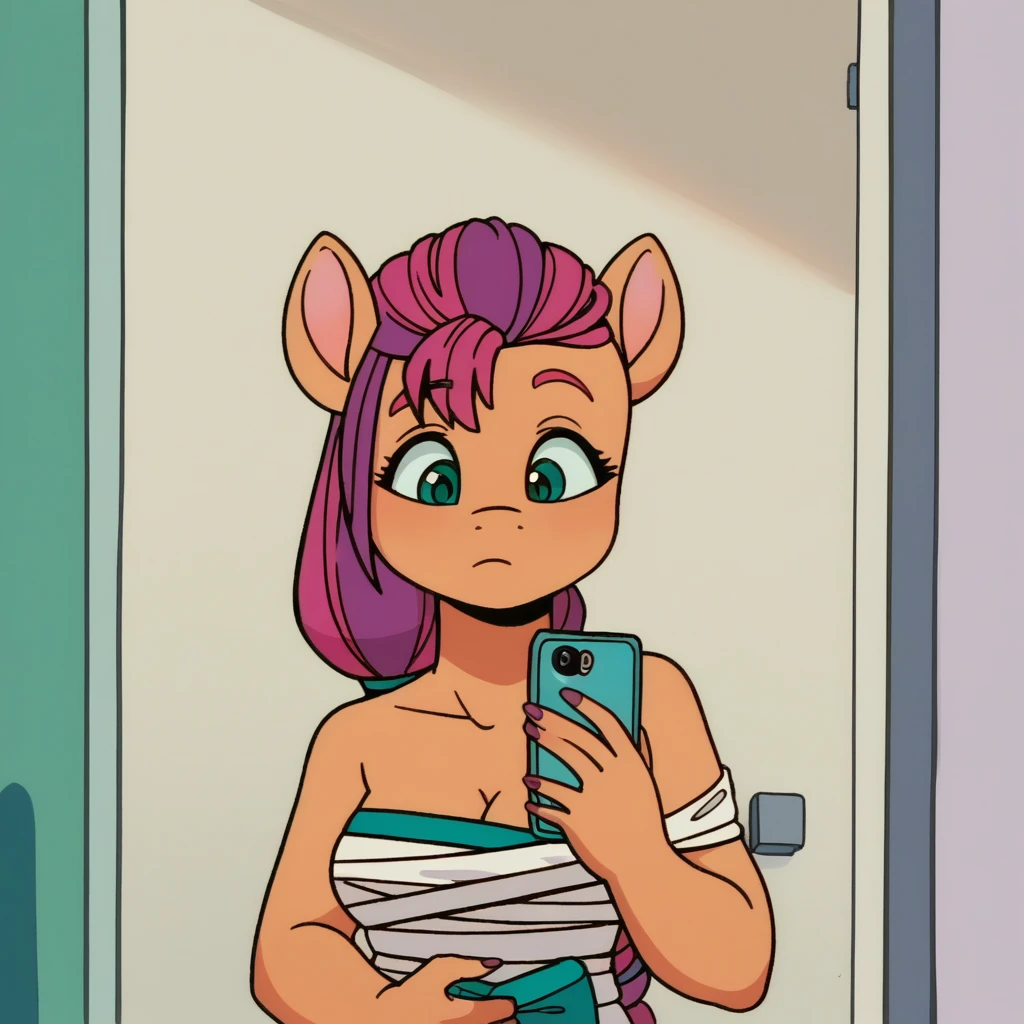 score_9_presence, score_8_up, Sunny Starscout, mlp, G5, wrapped in towel, medium breasts, holding phone