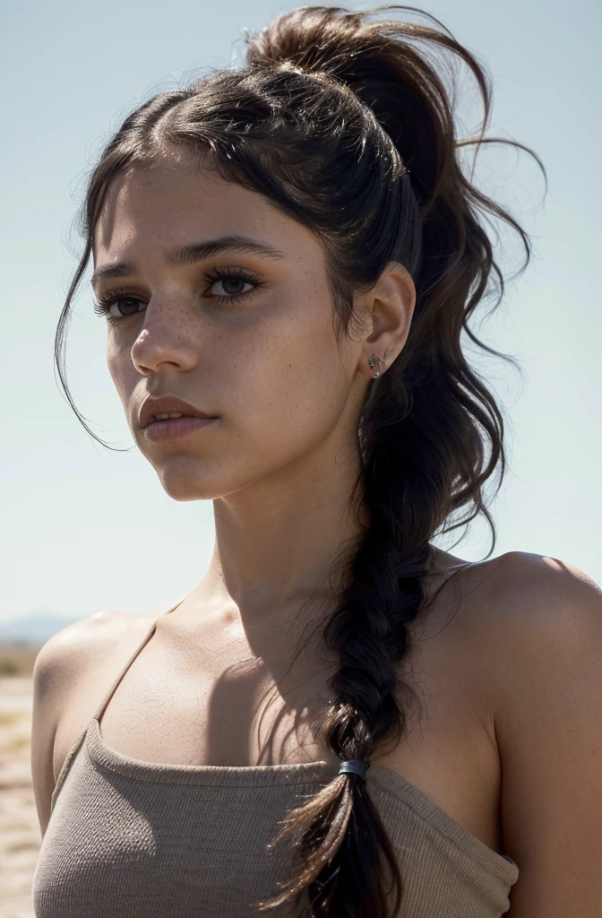 closeup portrait of jortega looking at viewer, trying her hair into pony tail, topless girl, showing armpits, (masterpiece, extremely detailed skin, photorealistic, heavy shadow, dramatic and cinematic lighting, key light, fill light)