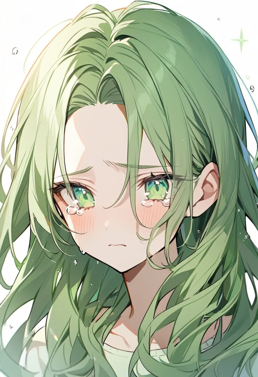 1girl, soght green eyeliner, green dress,light green long perm hair,sparkling light green eyes,(((white background))),(forehead),Dejected look,Sobbing look,Lachrymose look