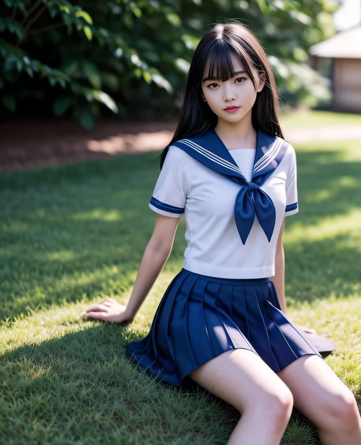 1girl,18yo girl,sailor uniform,ankle length skirt,beautiful detailed eyes,beautiful detailed lips,extremely detailed face,longeyelashes,outdoors,green grass, blue sky,sunlight,vibrant colors,photorealistic,8k,ultra-detailed,realistic,physically-based rendering,masterpiece,studio lighting,cinematic lighting