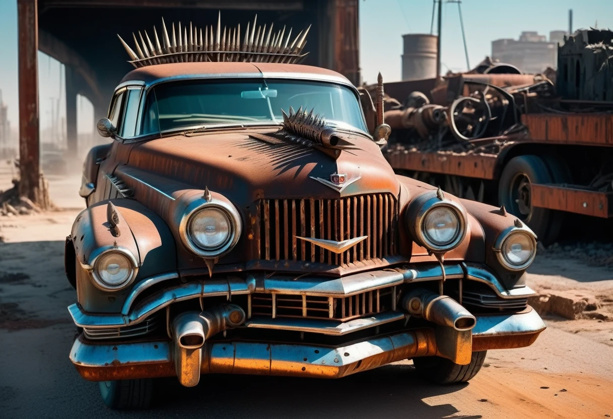 faithful image of an old rusty 1955 cadilac eldorado with METAL spikes and skewers on the hood, War vehicle, WITH MANY THORNS AND SPIKES AROUND. THICK WHEELS, front with a rusty tractor blade attached to the front; military style with modifications, the car races on a street suspended over a destroyed white concrete overpass in the center of a post-apocalyptic city with many buildings around, steampunk car, dramatic art, black glass, dieselpunk art style, apocalyptic road warrior vibe, there is a girl with sunglasses driving in the car, surreal digital art, mad max inspired, heavy metallic artwork, chrome face symmetry, arte steampunk digital, this'It's not the Mad Max style, metallic art, this's not Filip Hodas' artwork style, steampunk digital art, dieselpunk, in a hightech world, photo on the diagonal