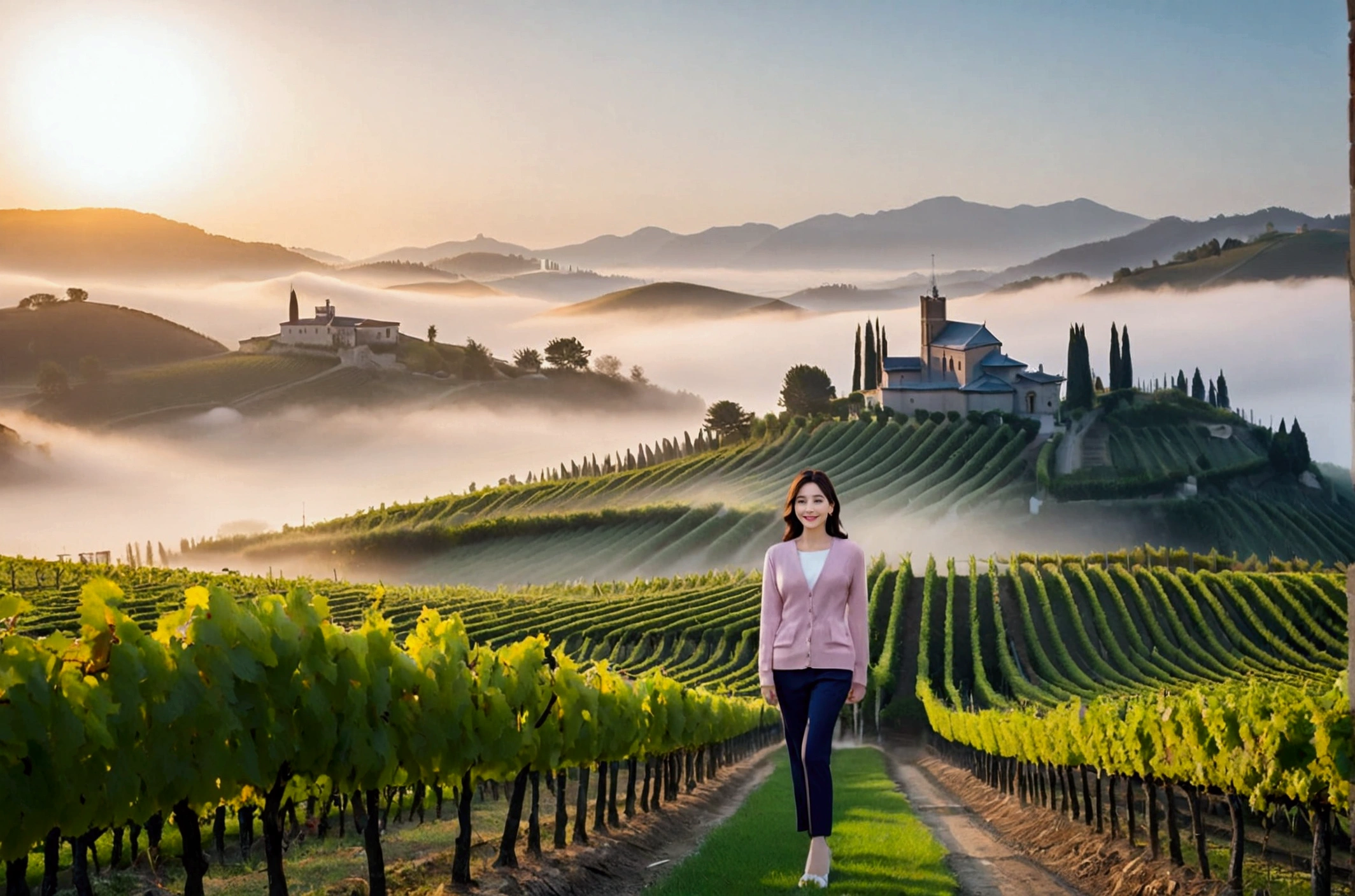 8k, ultra high resolution, best quality, masterpiece, 三分割法によるpicture,surreal, picture, 1 woman, (36 years old:1.3), Pretty Woman, Cute face, Beautiful Eyes in Every Detail, 細かくdetailedに,masterpiece,, a woman:1.2, Korean female announcer, Inspired by Son Ye-jin. whole body,young wife,Light pink collared shirt and short luxury brand cardigan, casual pants, Italian countryside vineyard road, foggy vineyard at dawn, A cathedral can be seen in the distance in the fog., look up at the sky , Full of cleanliness,a relaxed smile,heal the heart, short medium hair,beauty,long neck、Smile a little、Please shut your mouth and smile、(((ideal body type))),A cup small breasts :2,、portrait:2、complete ???????、鮮明なdetailed、detailed、surreal, 캐논 16-35 광각렌즈 whole body샷, Show the pants part, Vivid picture quality, clearly, walking on a path, whole body 보이게, Short hair, short medium hair, short woman