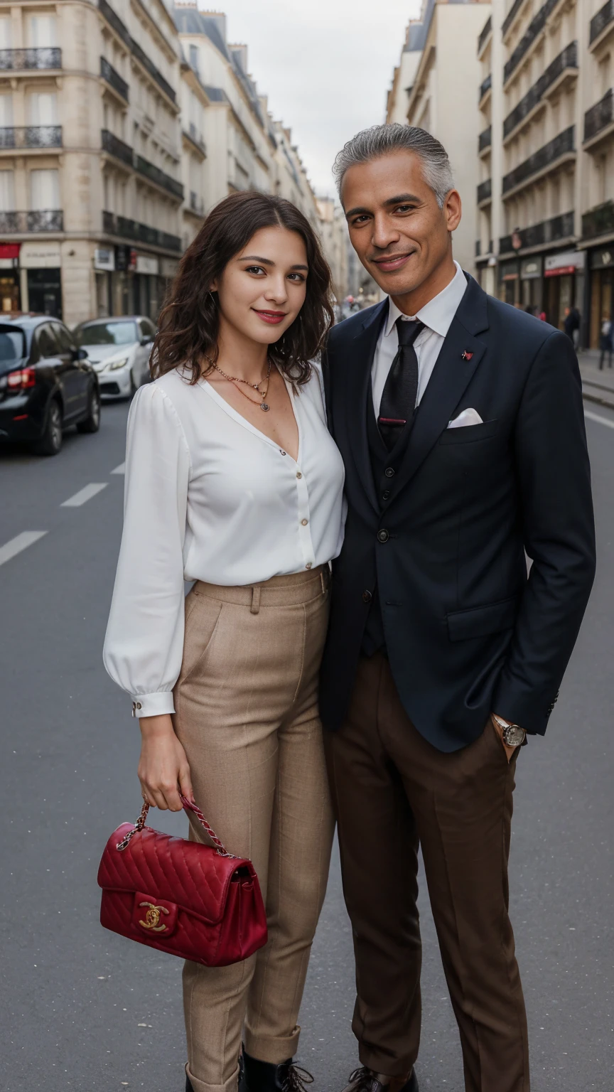 Front view, Full-body, couple is standing pose , on street , in Paris, looking Eiffel Tower, 2020 years ,(1 male and 1 female is existence), (1 male American Black man, 1 boy is 50 age old), ( black hair, wavy perm, brave,  handsome face, smile ), (American gentleman), ( blue suit style, Jacket suit , vest,  necktie, pants, hand watch,  (brown  shoes)), 1man and 1 woman is couple, each other love,  (A Parisian girl , 18 age, beautiful girl, Parisian girl, 18 years-old, height 175 cm), (light brown hair , blew eye, middle  hair, smile ), (middle breasts, slender whist, middle hip), (White beautiful tuck-in-blouse :1.3), （Red mini skirt: 1.3), (Red enamel Chanel Boots), (small pearl neckless, lady's watch ), (a Chanel shoulder bag, leaser string), (super detail, high details, high quality, accurate, anatomically correct, textured skin, beautiful fingers super detail, high details, high quality, best quality), 