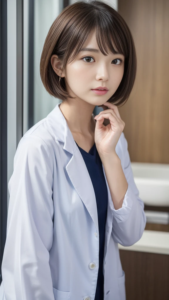 hospital、(masterpiece:1.3), (8k, Photorealistic, RAW Photos, Best image quality: 1.4), Japanese, (1 girl), Beautiful Face, (A vivid face), (short hair:1.3), Beautiful hairstyle, Realistic eyes, Beautiful Eyes, (Realistic Skin), Beautiful Skin, charm, Ultra-high resolution, Surreal, Attention to detail, Golden Ratio, Detail Makeup,Female doctor、Female doctor、Examination in the examination room、