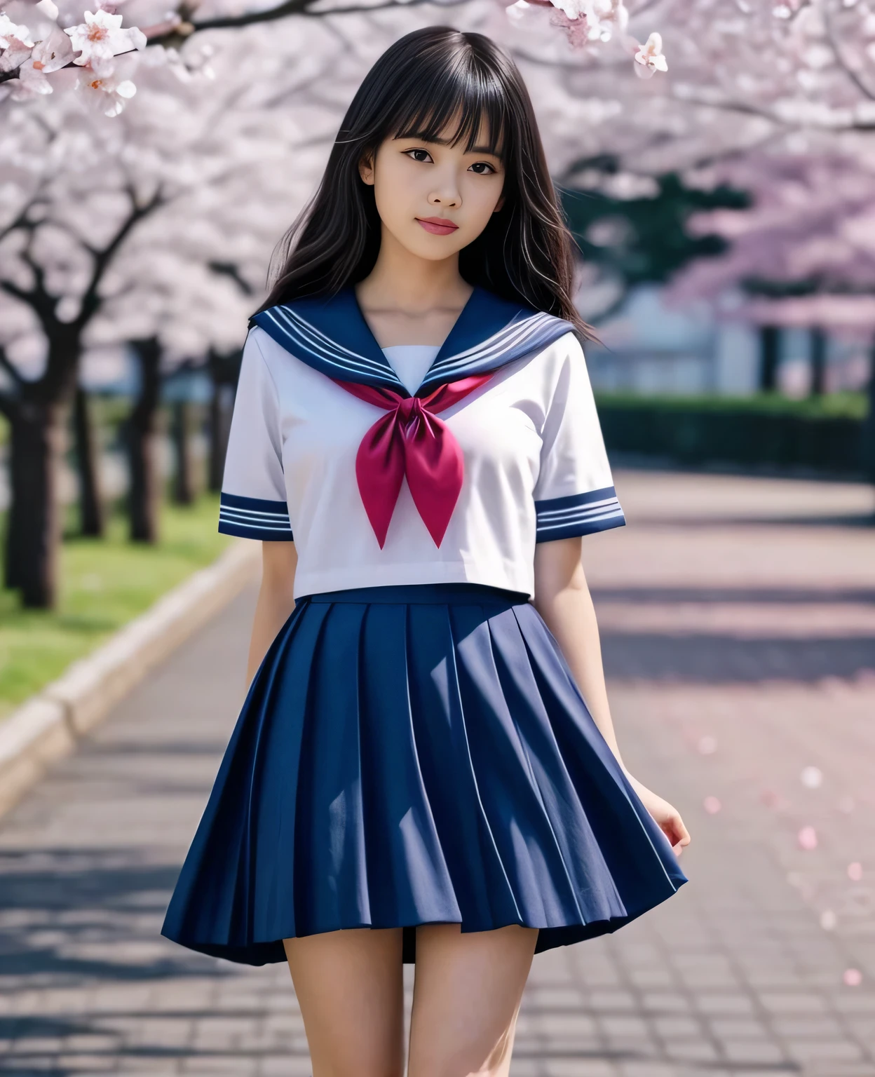 1girl,18yo girl,sailor uniform,ankle knee length skirt,beautiful detailed eyes,beautiful detailed lips,extremely detailed face,longeyelashes,outdoor,cherry blossom tree,sakura petals,natural lighting,vibrant colors,realistic,photorealistic,photo-realistic:1.37,best quality,8k,masterpiece:1.2,ultra-detailed,studio lighting,vivid colors