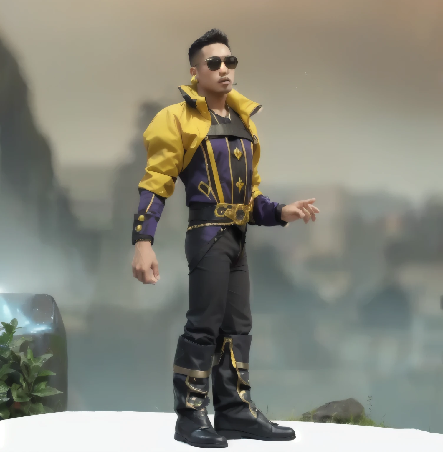man wearing royal fantasy attire, black embroidered pants, black boots, a yellow rolled-sleeved jacket, purple and gold undershirt