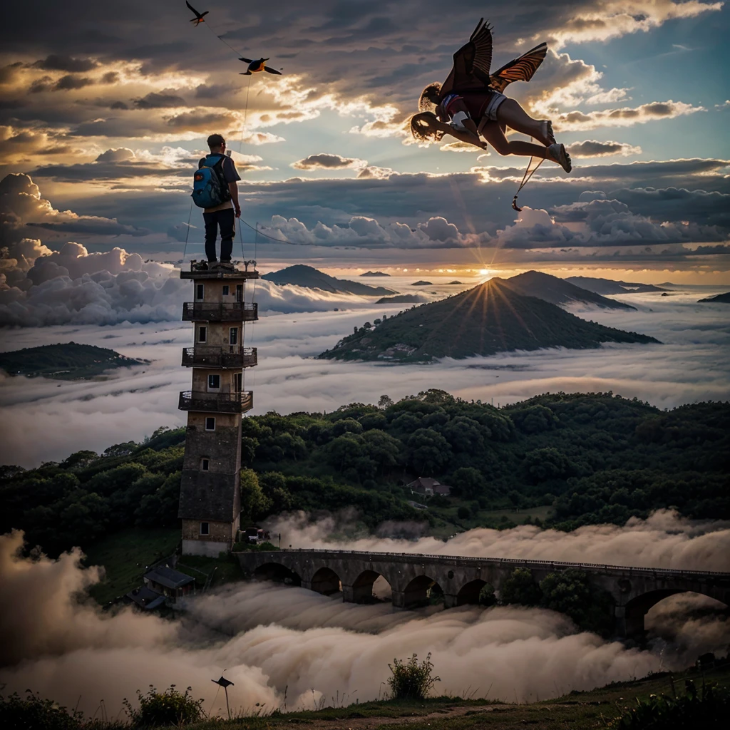 a house under the cloud, house is color full, backgourd is sunset, is beautifull house, there are kites flying in the sky
