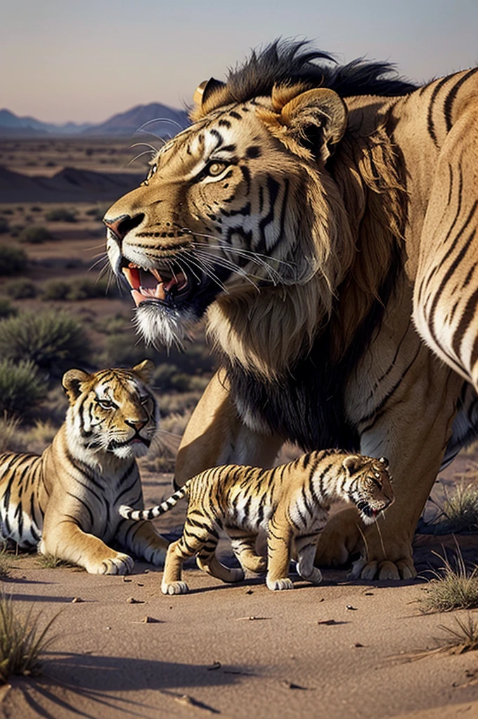 An ultra-realistic scene of a lion and a tiger fighting fiercely over a ladybug in the African savannah. Both animals are wounded, with blood and scars covering their bodies, highlighting the power and ferocity of their claws and teeth. The background showcases the arid, golden landscape of Africa with sparse vegetation under a clear blue sky. The intensity and brutality of the fight are vividly captured, emphasizing the primal strength of the lion and tiger.",
"size": "1024x102