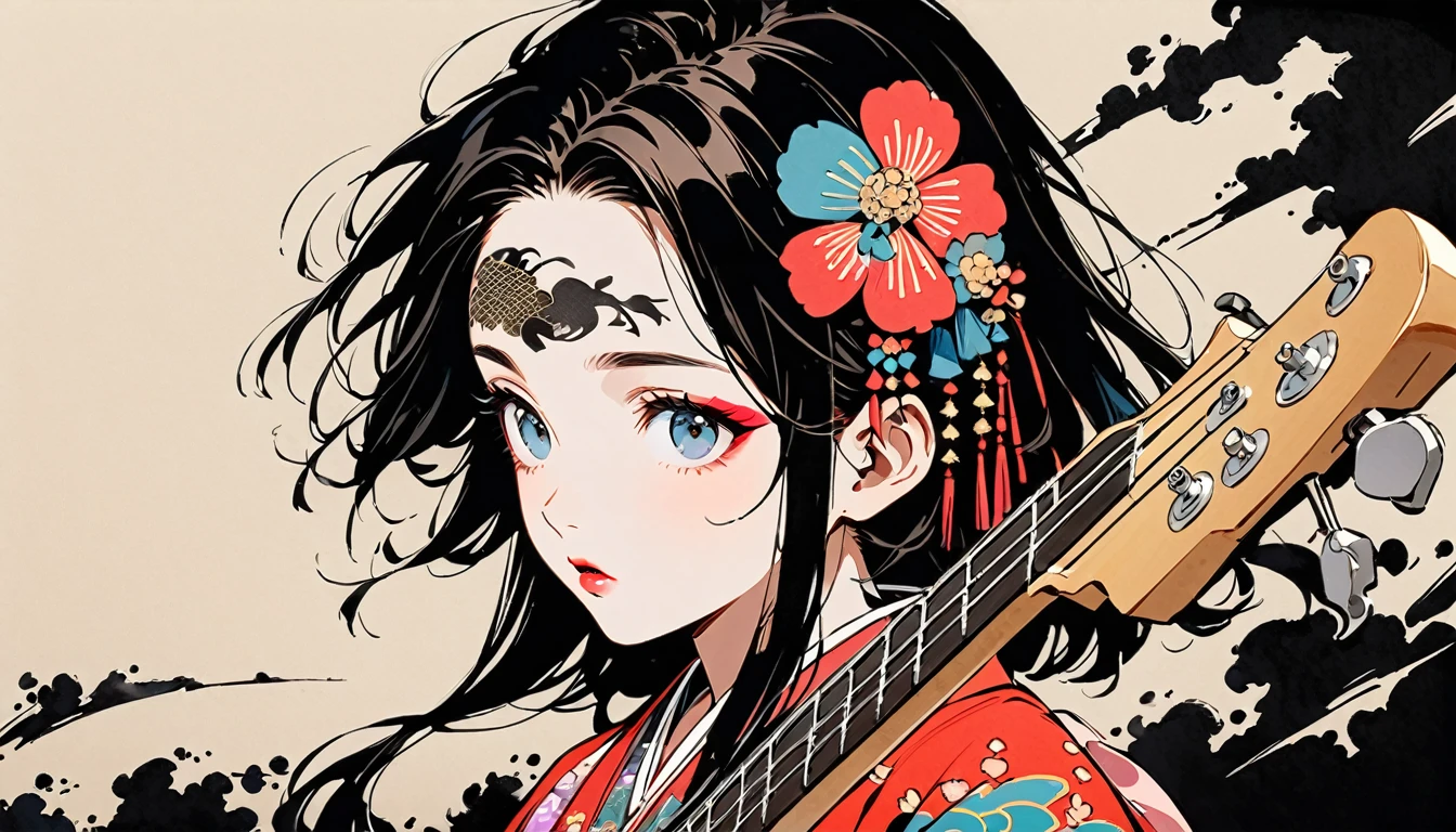 (((Ink Painting))), Fashion portrait color photos, (((1 girl))), (((Playing electric bass))), (((Tattoo in the center of the forehead))), (((Very flashy hair accessories))), (((Very flashy makeup))), Japanese style headphones, front view, Japan人の美少女, Black Hair, Delicate and precise, Modern ukiyo-e style,Japan, Droopy eyes, round face, Fuller lips, vivid color