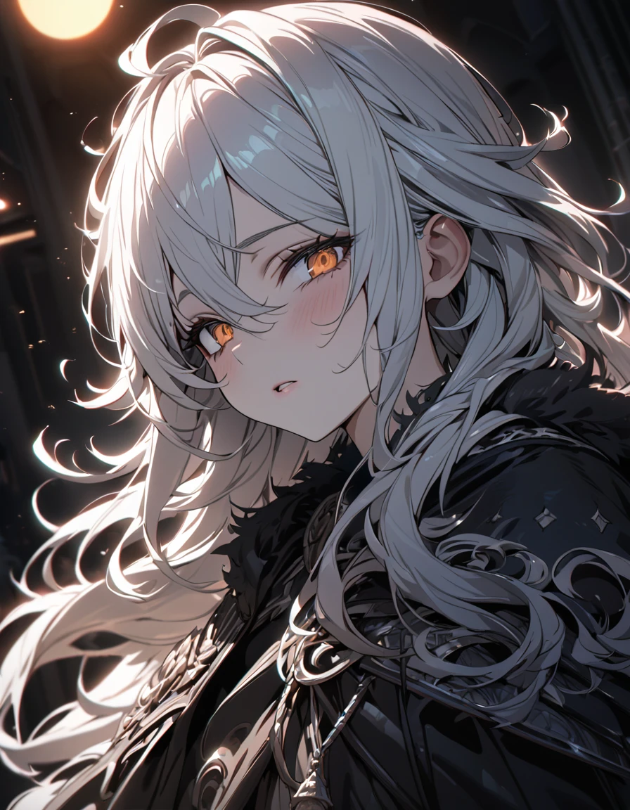 (absurdres, highres, ultra detailed), masterpiece, perfect resolution, great detail, super detailed, detailed face, pale skin, pink dry lips, orange eyes, (black sclera), light eyes, tired looking, tired eyes, white hair, mixed red hair, messy hair, unkept hair, long hair, dense hair, mane hair, Berserk eclipse scenery, ((cloak made of shadows)), depth of field, (12 years old), cinematic lighting, ray tracing, depth of field, cinematic lighting, ray tracing, UHD, high details, best quality, highres, high quality, award winning, super detail, masterpiece, 8k, UHD, high details, best quality, highres, high quality, award winning, super detail, masterpiece, 8k, digital art, anime coloring