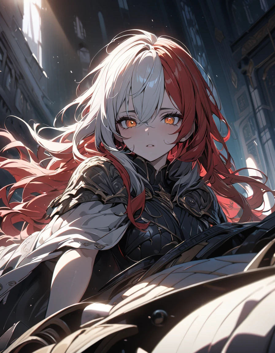 (absurdres, highres, ultra detailed), masterpiece, perfect resolution, great detail, super detailed, detailed face, pale skin, pink dry lips, orange eyes, (black sclera), light eyes, tired looking, tired eyes, white hair, mixed red hair, messy hair, unkept hair, long hair, dense hair, mane hair, Berserk eclipse scenery, ((cloak made of shadows)), depth of field, (12 years old), cinematic lighting, ray tracing, depth of field, cinematic lighting, ray tracing, UHD, high details, best quality, highres, high quality, award winning, super detail, masterpiece, 8k, UHD, high details, best quality, highres, high quality, award winning, super detail, masterpiece, 8k, digital art, anime coloring