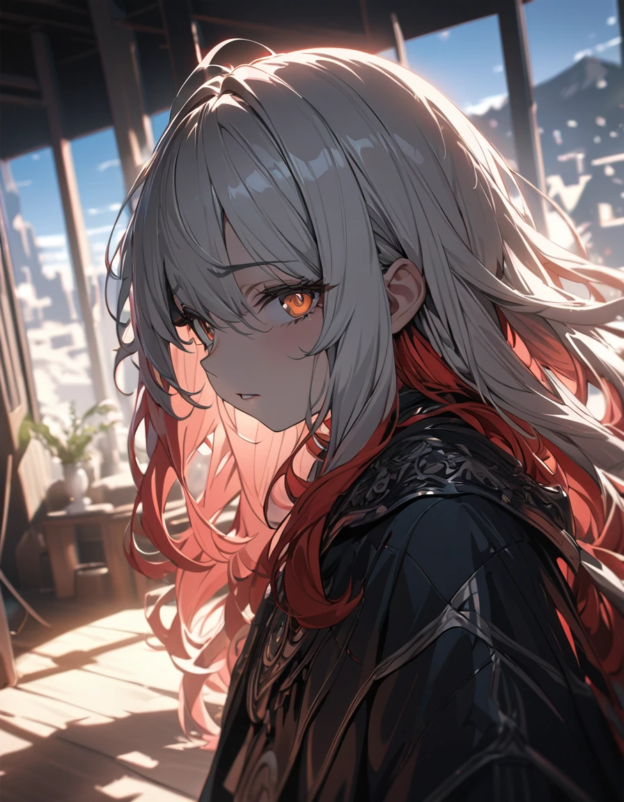 (absurdres, highres, ultra detailed), masterpiece, perfect resolution, great detail, super detailed, detailed face, pale skin, pink dry lips, orange eyes, (black sclera), light eyes, tired looking, tired eyes, white hair, mixed red hair, messy hair, unkept hair, long hair, dense hair, mane hair, Berserk eclipse scenery, ((cloak made of shadows)), depth of field, (), cinematic lighting, ray tracing, depth of field, cinematic lighting, ray tracing, UHD, high details, best quality, highres, high quality, award winning, super detail, masterpiece, 8k, UHD, high details, best quality, highres, high quality, award winning, super detail, masterpiece, 8k, digital art, anime coloring
