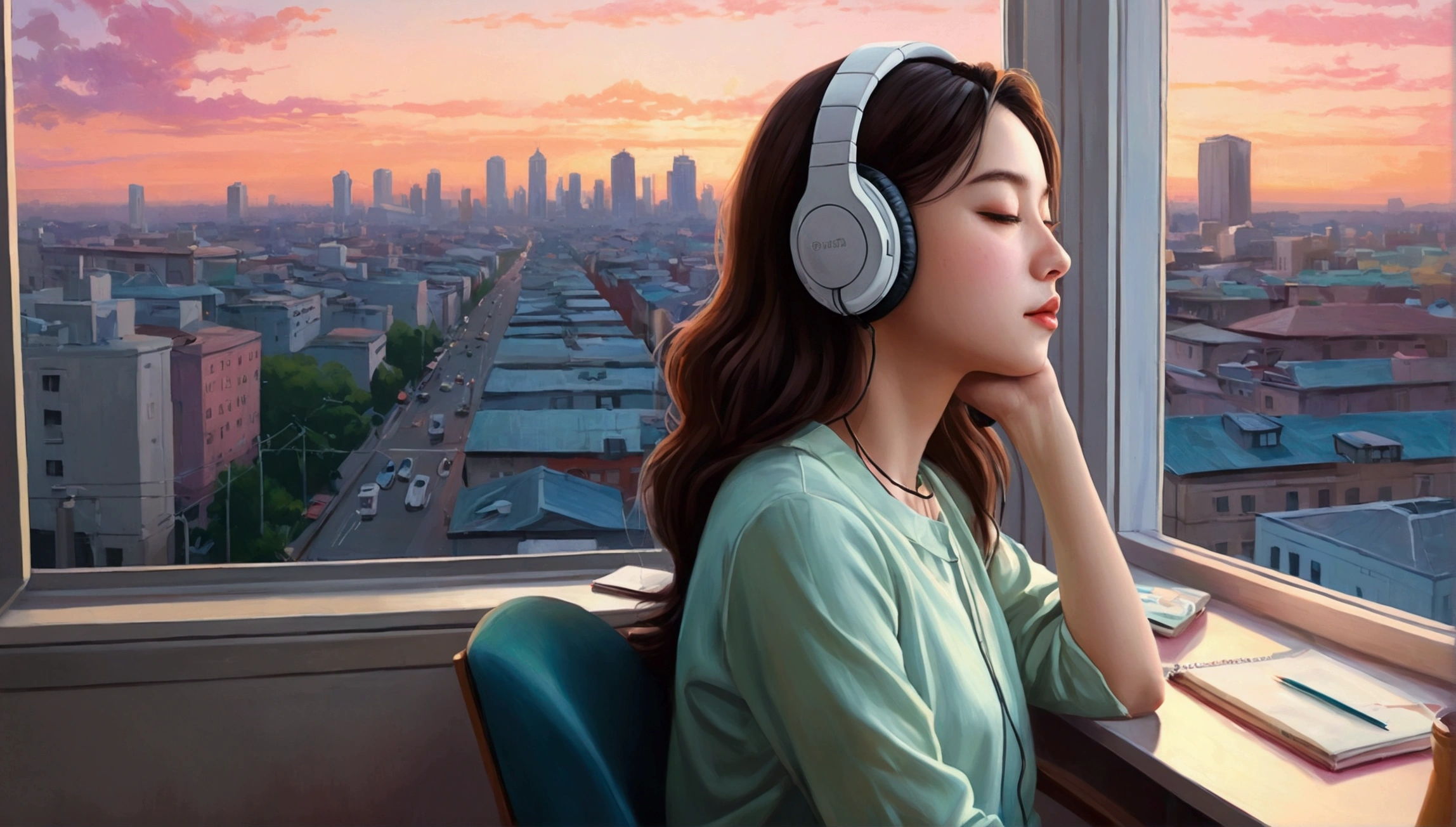 Portrait、512、Lo-Fi、Girl sitting on a chair wearing headphones、Take a nap at your desk、close your eyes、city view outside the window、evening、pastel colour、Painting、Cute Face