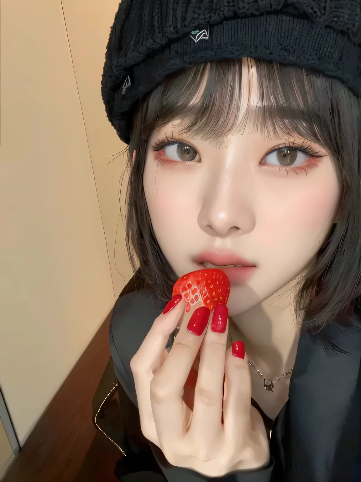 there is a woman comiendo a fresa with a black hat, fresa, ulzzang, holding a giant fresa, chiho, con cara linda - fina, lindocore, sakimi-chan, Lalisa Manobal, shikami, pelear con fresas, por Ayami Kojima, Lalisa Manoban de Blackpink, comiendo, jinyoung shin, sha xi yves from LOONA Yves