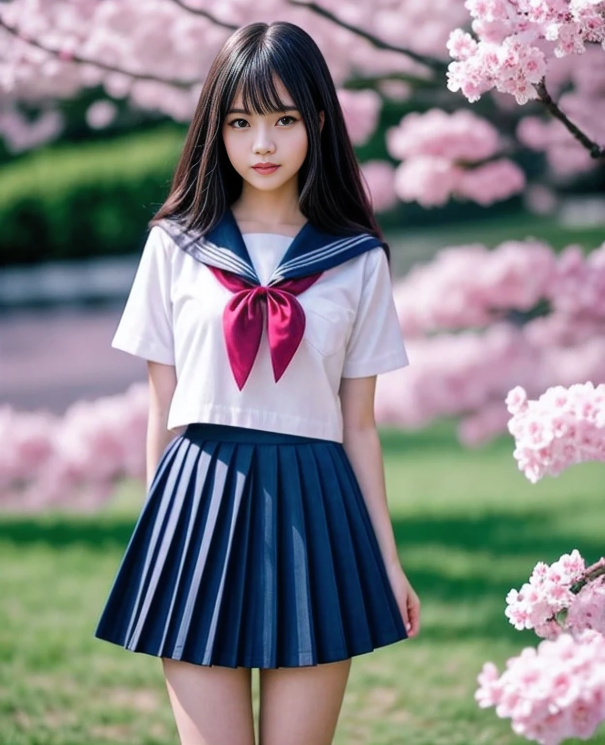 1girl,18yo girl,sailor uniform,ankle knee length skirt,beautiful detailed eyes,beautiful detailed lips,extremely detailed face,longeyelashes,outdoor,cherry blossom tree,sakura petals,natural lighting,vibrant colors,realistic,photorealistic,photo-realistic:1.37,best quality,8k,masterpiece:1.2,ultra-detailed,studio lighting,vivid colors