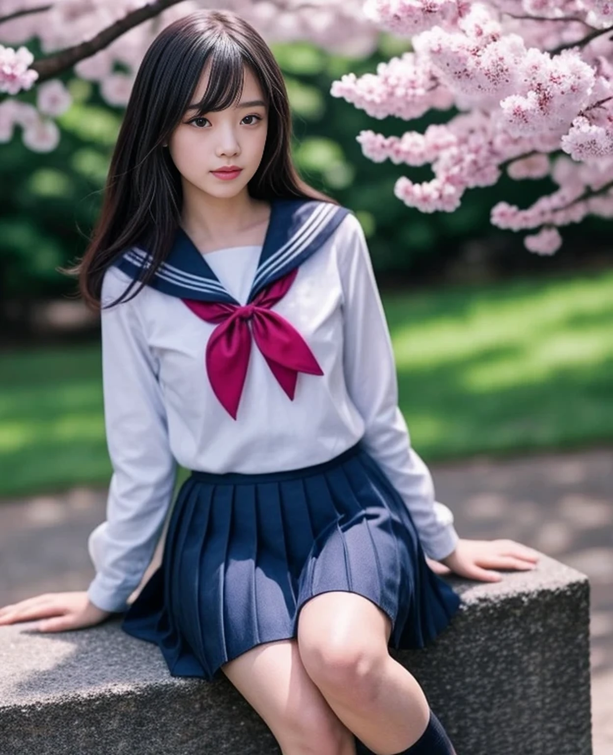 1girl,18yo girl,sailor uniform,ankle knee length skirt,beautiful detailed eyes,beautiful detailed lips,extremely detailed face,longeyelashes,outdoor,cherry blossom tree,sakura petals,natural lighting,vibrant colors,realistic,photorealistic,photo-realistic:1.37,best quality,8k,masterpiece:1.2,ultra-detailed,studio lighting,vivid colors