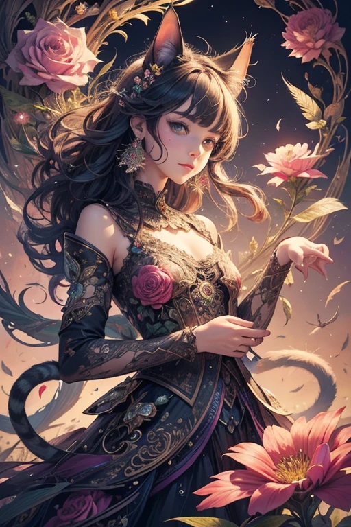 masterpiece, top quality, best quality, official art, beautiful and aesthetic, (cat catcore:1.3), extremely detailed, fractal art, colorful flowers, highest detailed, zentangle, dynamic pose, abstract background, many colors, earrings, feathers