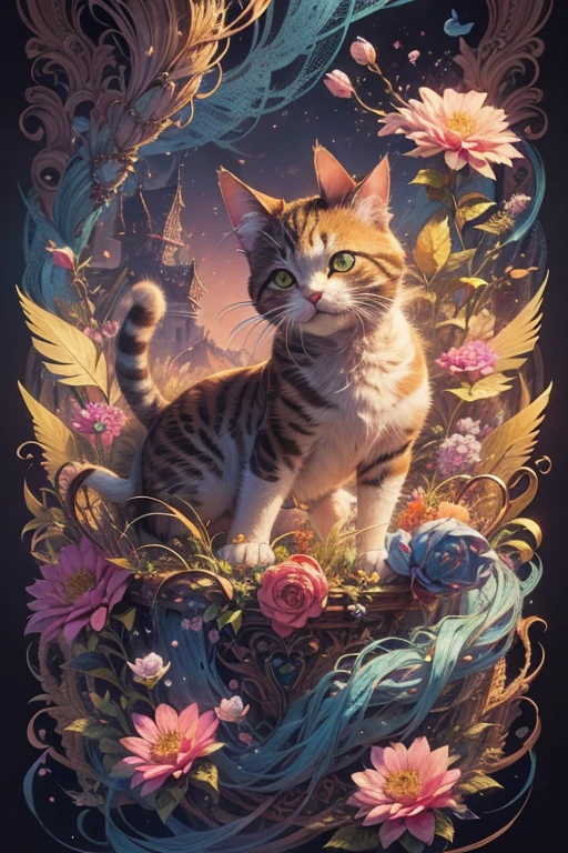 masterpiece, top quality, best quality, official art, beautiful and aesthetic, (cat catcore:1.3), extremely detailed, fractal art, colorful flowers, highest detailed, zentangle, dynamic pose, abstract background, many colors, earrings, feathers