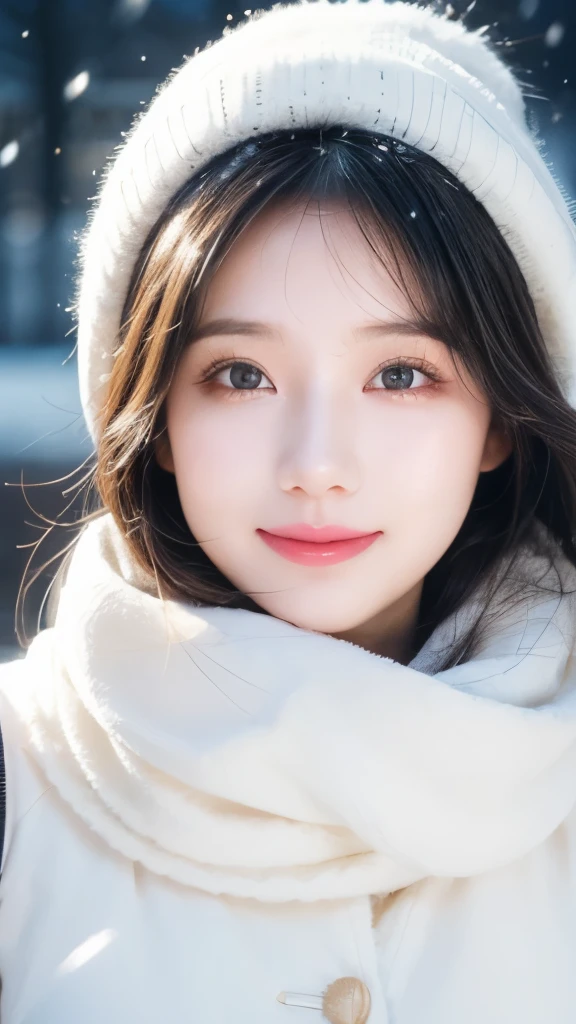 Wearing white down, Fair skin, 1 girl,Shut up and smile,Winters,23-year-old girl,high quality,Looking at the camera,For the audience,Snowing day,With bib,Real People,Beautiful and delicate girl, Very detailed eyes and face,Fine details,Unity,8k wallpaper,Real People,