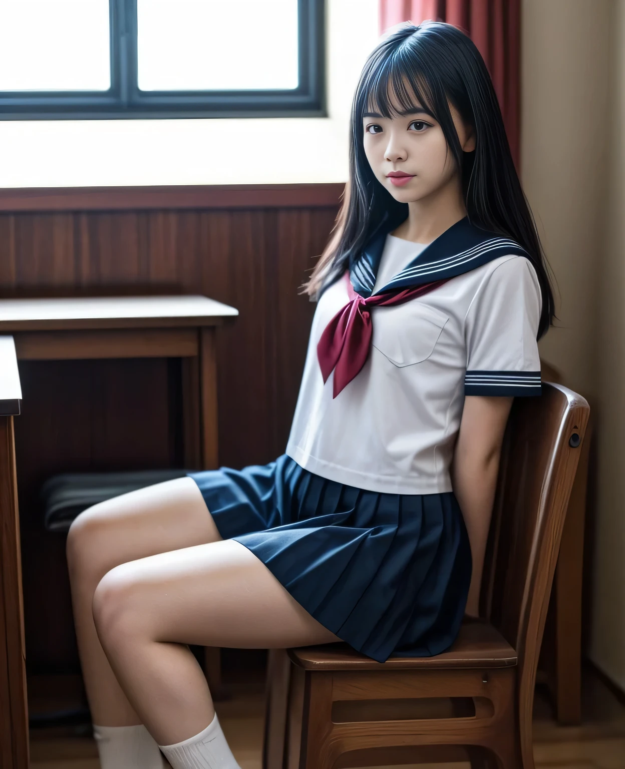 1girl,18yo girl,sailor uniform,ankle length skirt,sitting on the classroom chair,spreading leg widely open,(best quality,4k,8k,highres,masterpiece:1.2),ultra-detailed,(realistic,photorealistic,photo-realistic:1.37),cinematic lighting,highly detailed face,extremely detailed eyes and face,beautiful detailed lips,longeyelashes,high quality,intricate details,school classroom interior,wooden chair,polished floor,warm lighting,soft focus,elegant,beautiful,cute,sensual