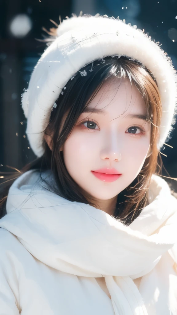 Wearing white down, Fair skin, 1 girl，Shut up and smile，Winters，23-year-old girl，high quality，Looking at the camera，For the audience，Snowing day，With bib，Real People，Beautiful and delicate girl, Very detailed eyes and face，Fine details，Unity,8k wallpaper,Real People，