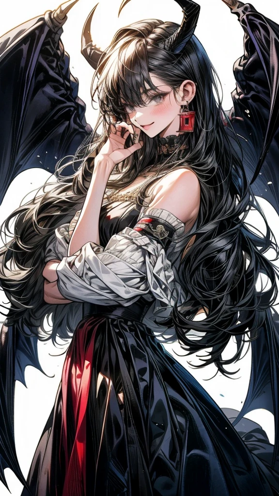 One Beautiful girl、unique long hairstyle 、black hair color , golden eyes、small face、anime makeup、"A girl with a cute and androgynous face"、white skin、cold sharp eyes、Very thin eyebrows、tall、stylish black luxury fashion、stylish outfits 、、19 years old、British girl、Has a languid look、anger、Lower the corners of your mouth with no expression on your face、Photographed from the side diagonally、model photoshoot、masterpiece、highest quality、high resolution、luxurious 、glaring expression、korean makeup 、Cool photos、blurred black filter, black suit , arms tattoos、Various poses、rich , handsome girl, an expression of despair, lifeless eyes , darkness, dragon girls, gorgeous body. dragon horns and big dragon wings 