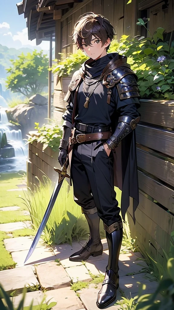 (artistry, best qualityer, ultradetailed, high resolution, 4K),(beautiful detailed eyes),(very highly detailed face),(ung boy),HDR, Young man, 18-years old, shorth hair, brown hair, eyes browns, medieval black pants, black medieval boots, black gloves, Wearing a Cape, holding your sword, thief costume, cargo pants, many belts, black leather armor, environmental background, fantasia clothing, standing on a deserted mountain,