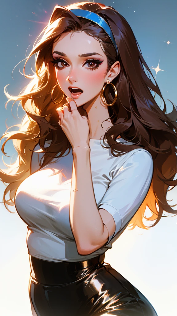 1girl, Long Hair, Open Mouth, Brown Hair, Celine Dion, Large breasts, Hoop Earrings, Makeup, Simple background, Hairband, Sparkle, Accurate, High Resolution, Masterpiece, Anatomically Correct, Best Quality, 