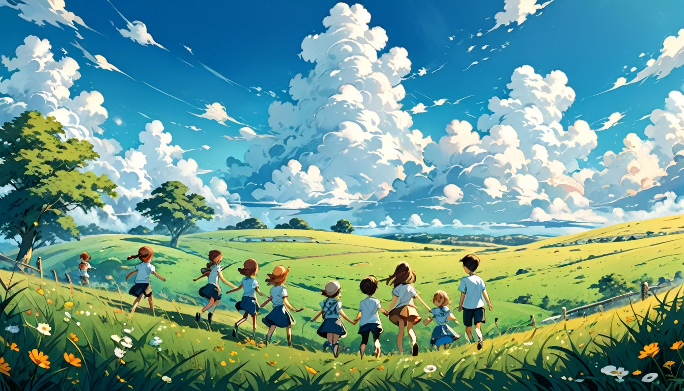 Illustration style,Grassland under blue sky and white clouds,There is a group of happy children