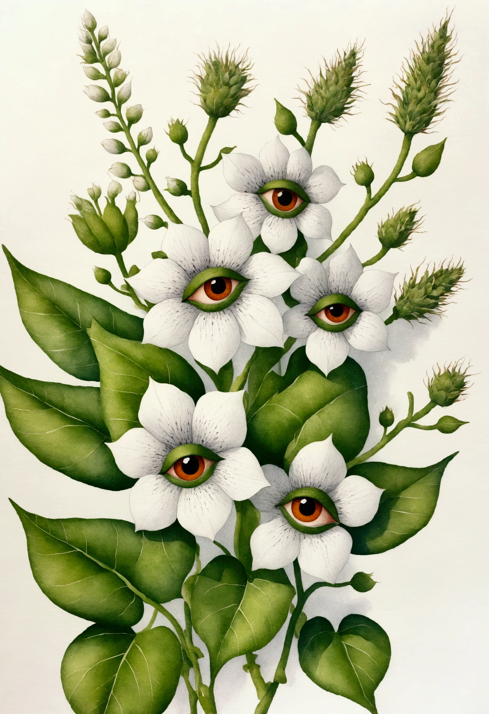 (Pointillism method). Bizarre plants：1.5，(((eye：1.37)))，Neat line drawing，vine,Pen line outline，watercolor，Elegant colors，vintage style， format as coloring book page petals meridian ,WHITE Large area of blank。