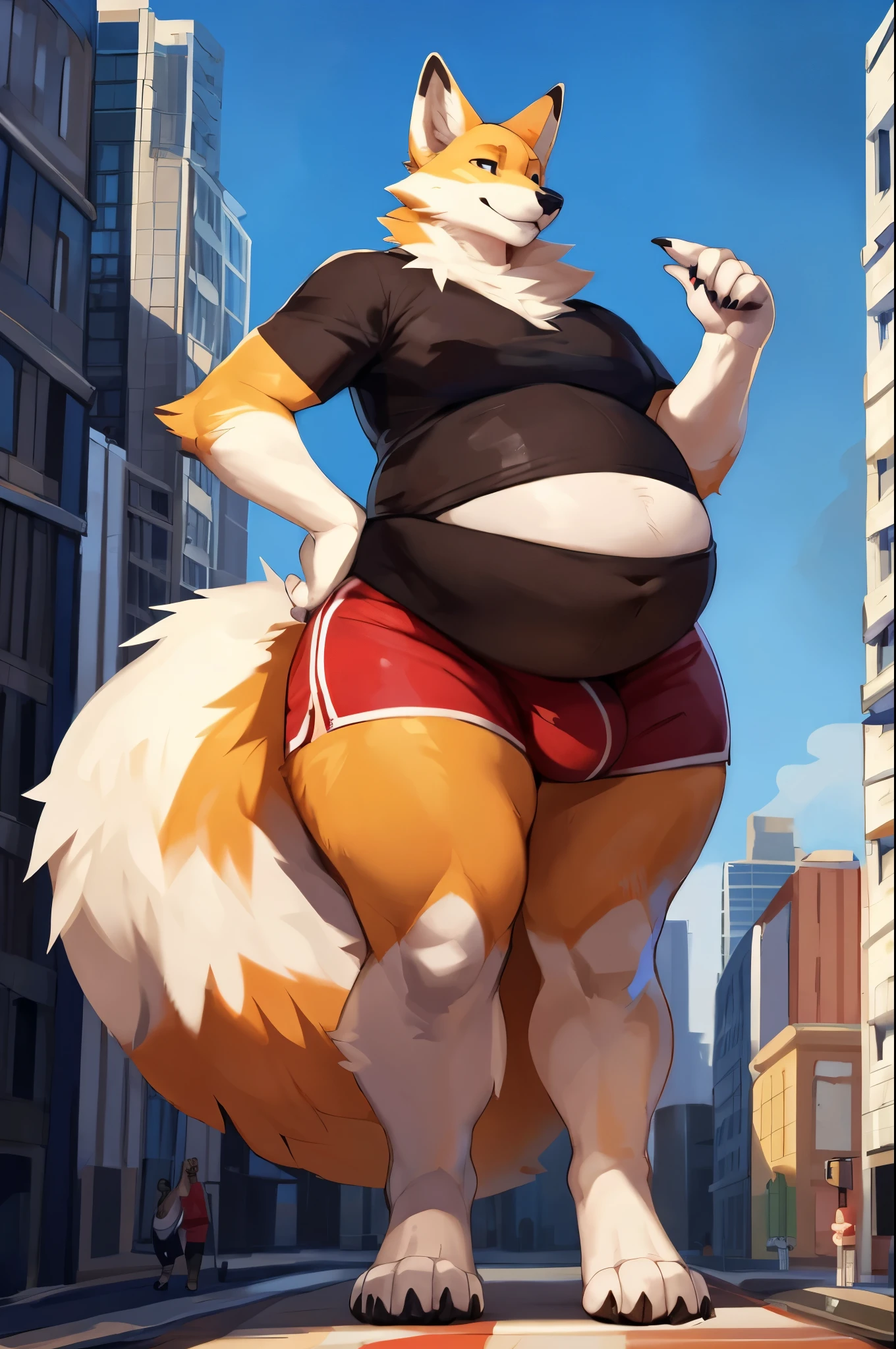 4k ultra quality, 4k half body view,ultra high detailed body,feral fox, white belly fur,big belly, (round belly), hyper belly, enormous belly, enormous body,by mystikfox61, by glitter trap boy, by bebebebebe,by morethreedee, by seibear,(thick thigh),(chubby thigh),thicc thigh,thick legs,chubby legs,thicc legs,enomorous thigh,massive thigh,massive legs,(detailed thigh),(wide thigh),thick butt,fluffy belly,furry belly,sharp nails,(((sfw))),(detailed face),detailed eyes,golden eyes,(shiny fur),big tail,fluffy tail,(detailed tail),enomorous tail,bigger tail,huge tail,bloated feral belly,enomorous thigh,fluffy paws,detailed paws,thick paws,chubby paws,tight shirt with buttons
,in a city,(macro belly),hyper balls,huge penis,detailed bulge,tight shorts,standing among building