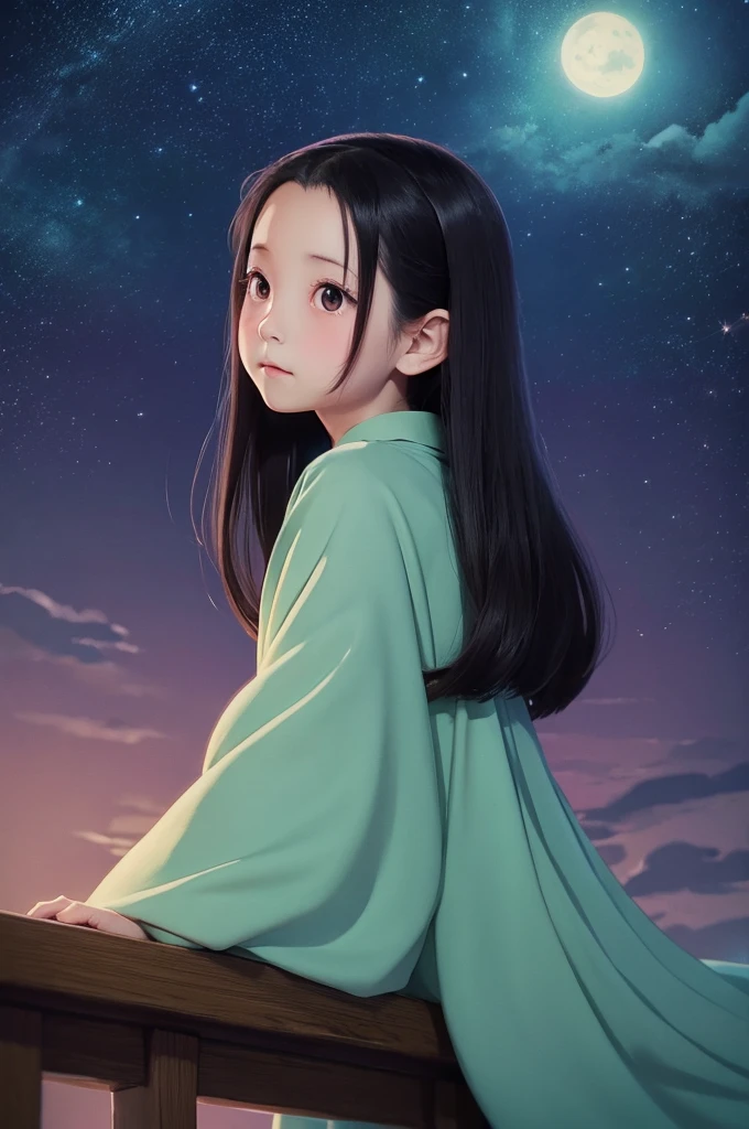 Ghibli-style Princess Kaguya gazing into the night sky