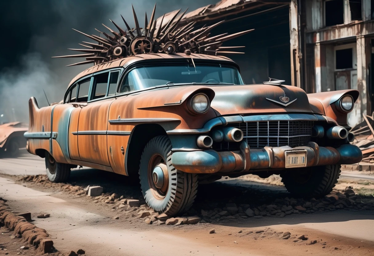 faithful image of an old rusty 1955 cadilac eldorado with METAL spikes and skewers on the hood, War vehicle, WITH MANY THORNS AND SPIKES AROUND. THICK WHEELS, front with a rusty tractor blade attached to the front; military style with modifications, the car races on a street suspended over a destroyed white concrete overpass in the center of a post-apocalyptic city with many buildings around, lots of rubble in the streets, dirty streets, steampunk car, dramatic art, black glass, dieselpunk art style, apocalyptic road warrior vibe, there is a girl with sunglasses driving in the car, surreal digital art, mad max inspired, heavy metallic artwork, chrome face symmetry, arte steampunk digital, this'It's not the Mad Max style, metallic art, this's not Filip Hodas' artwork style, steampunk digital art, dieselpunk, in a hightech world, photo on the diagonal