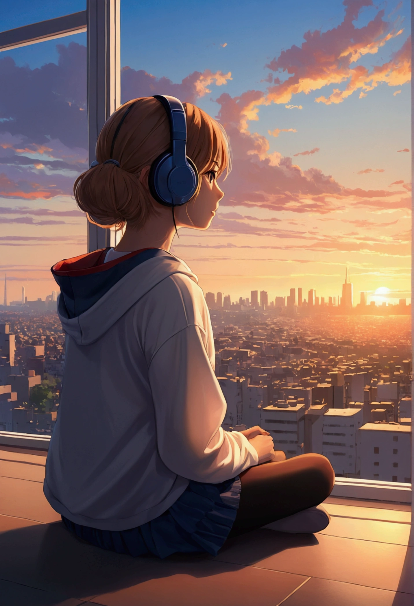 anime girl sitting on floor looking out window at city, anime aesthetic, anime vibes, Lofi Artstyle, Lo-fi portrait by the window, Watching the sunset. anime, Lofty Girl, anime art wallpaper 4 k, anime art wallpaper 4k, anime art wallpaper 8 k, anime background art, Lofi Color, Lofi Art, anime asthetic 音楽を聴いている headphone