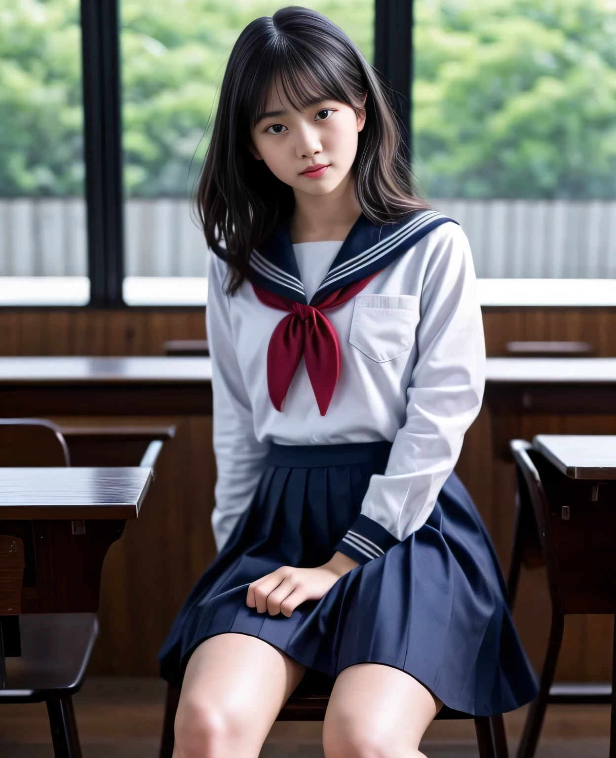 1girl, 18yo girl, sailor uniform, knee length skirt, sitting on the classroom chair, spreading leg widely open, realistic, photorealistic, highly detailed, 8k, hyperrealistic, intricate details, masterpiece, award winning, natural lighting, soft shadows, warm colors, cinematic composition, dramatic lighting, volumetric lighting, depth of field, bokeh