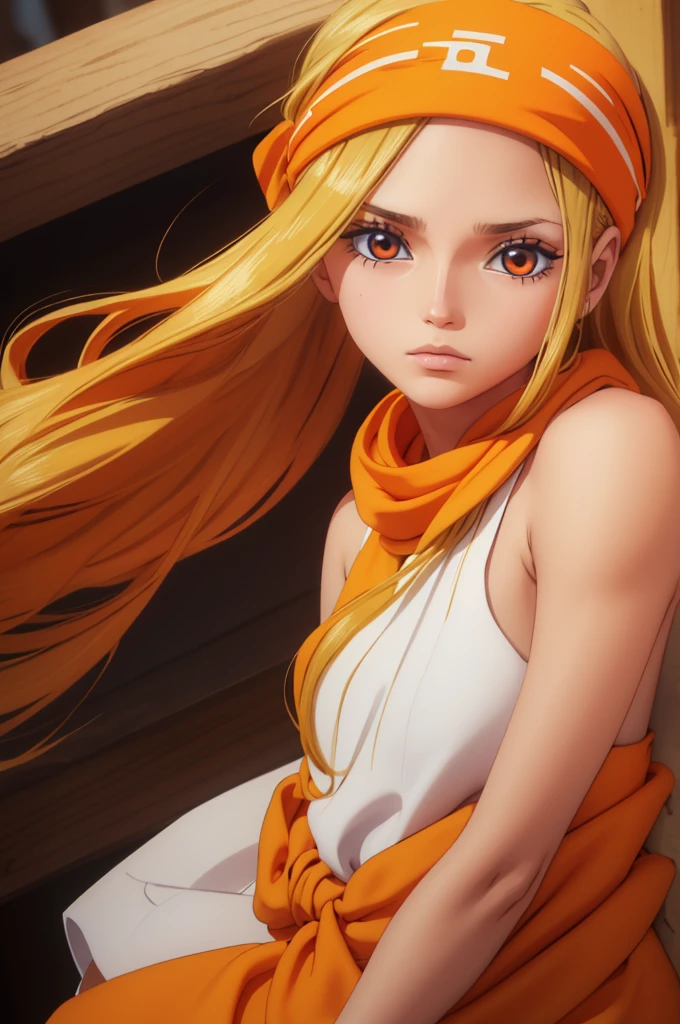Fair-skinned girl, orange headband/bandana her forehead, long wavy blonde hair withbangs, large sharp golden eyes with long eyelashes.