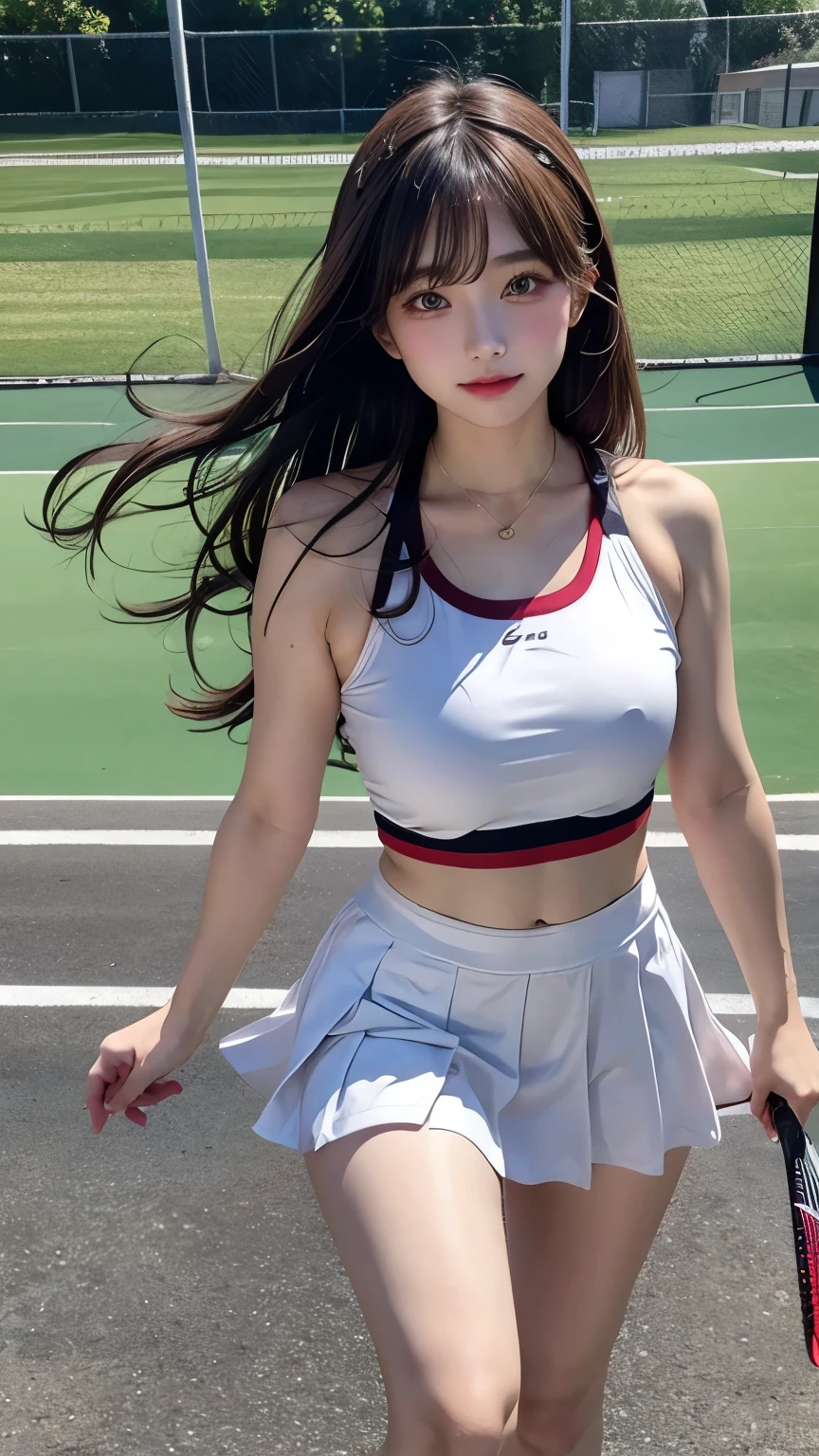 girl, walking, whole body, Weiner has a slim figure, big breasts, Tennis clothes, tennis girl, on tennis court, White camisolet, black skirt,( long straight brown hair: 1.3), Concentrating on playing tennis, Best quality, high resolution, 8k, photorealistic, sharp focus, realistic elegant lady image, outline, dynamic poses, Skirt flying,Mizuki_Lin, upper body photo