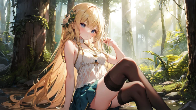 super high quality, Super detailed, Ultra-clear, forest, one person, long blonde hair, sleep, Swimsuit, Clothes with intricate and colorful details, mini skirt, Stockings