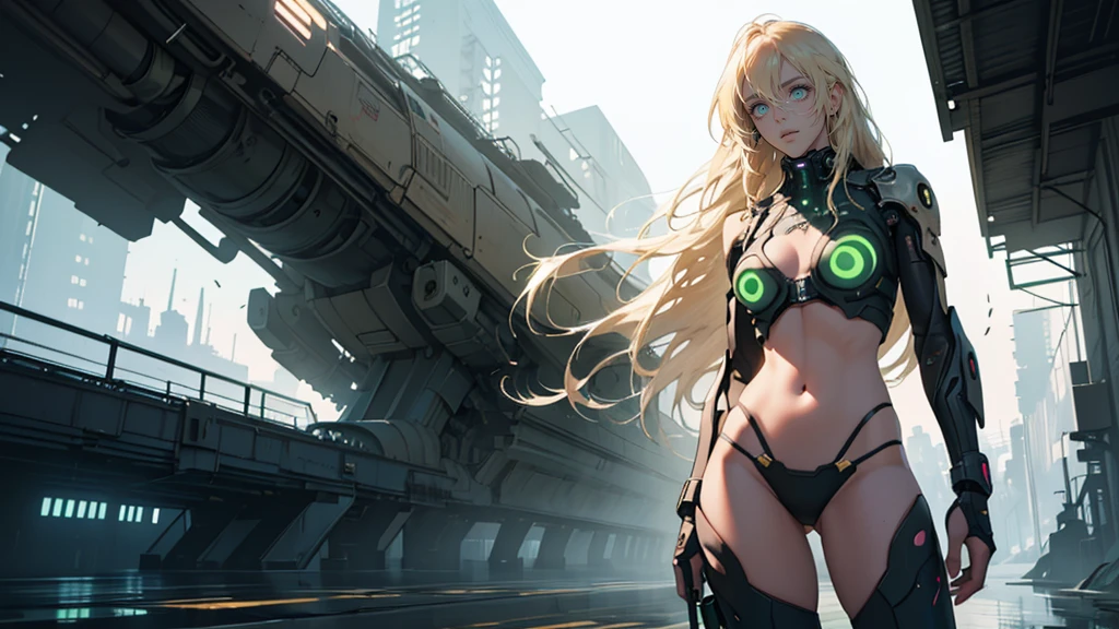 Beautiful woman, extremely long hair, blonde hair, green eyes, (masterpiece:1.3), (best quality:1.3), high-resolution, watercolor pencil, Body facing forward, (upright:1.3), (arms at sides:1.3), solo, beautiful detailed eyes, Futuristic thong clothing, mechanical semi-naked bikini suit, (cyber punk midnight city background:1.2), concept art, shadow lighting, beautiful detailed glow, best illuminate, (((best quality, textile shading, ultra detailed))), extremely detailed CG unity 8k wallpaper, Highly Detailed beautiful and aesthetic, best light, dynamic lighting, 1Character, pastel washed out colors, cell shade, soft, muted shades, gentle colors,