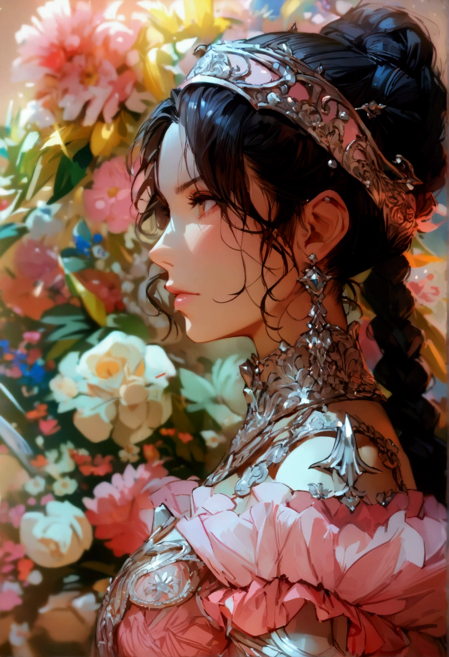 Woman, serious, warrior, armour, elegant, pink dress, aristocratic, silver elements, long nails, bare shoulders, hairstyle, hair up, braid and ponytail, messy, arrogant, absurd, detailed dress, royalty, celebration, hall decorated with flowers, cowboy shot, portrait, (best quality), (masterpiece), (highly detailed), (4k)
