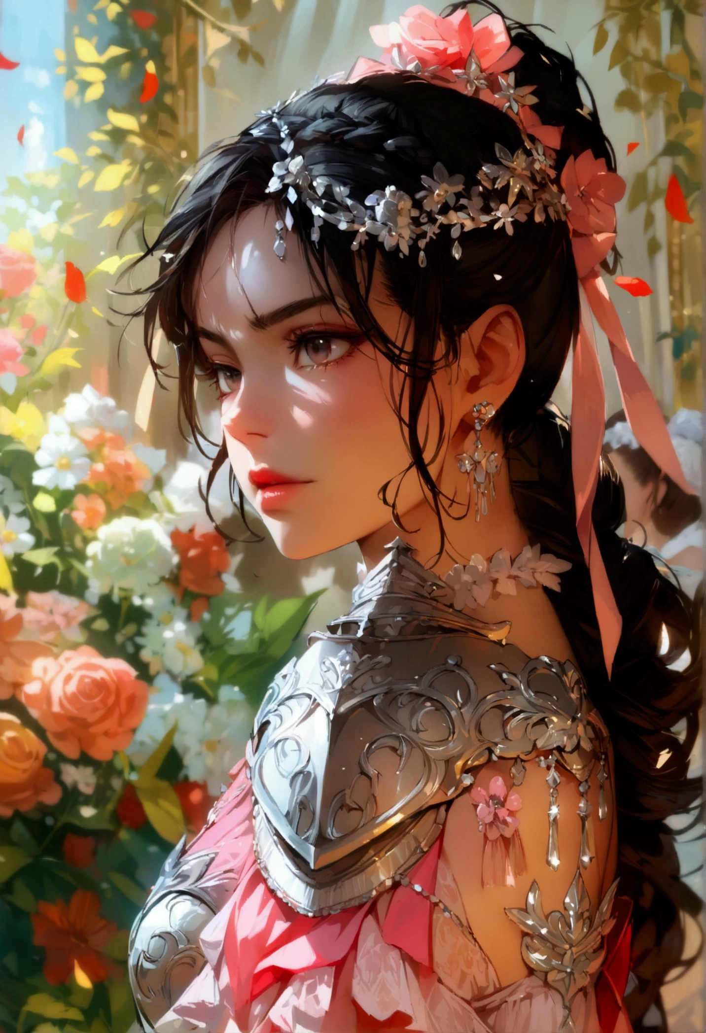 Woman, serious, warrior, armour, elegant, pink dress, aristocratic, silver elements, long nails, bare shoulders, hairstyle, hair up, braid and ponytail, messy, arrogant, absurd, detailed dress, royalty, celebration, hall decorated with flowers, cowboy shot, portrait, (best quality), (masterpiece), (highly detailed), (4k)